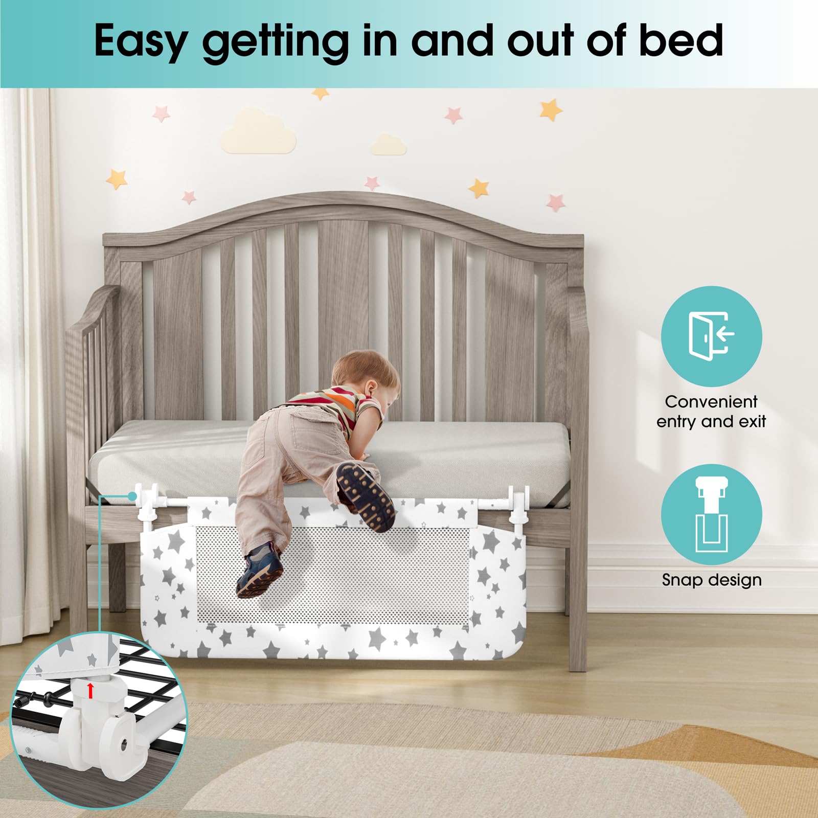 NUTIKAS crib rail guard side attachment reinforces crib security for toddlers