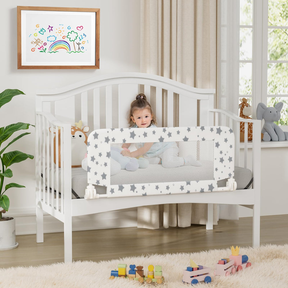NUTIKAS white mesh rail offers breathable protection for sleep and play