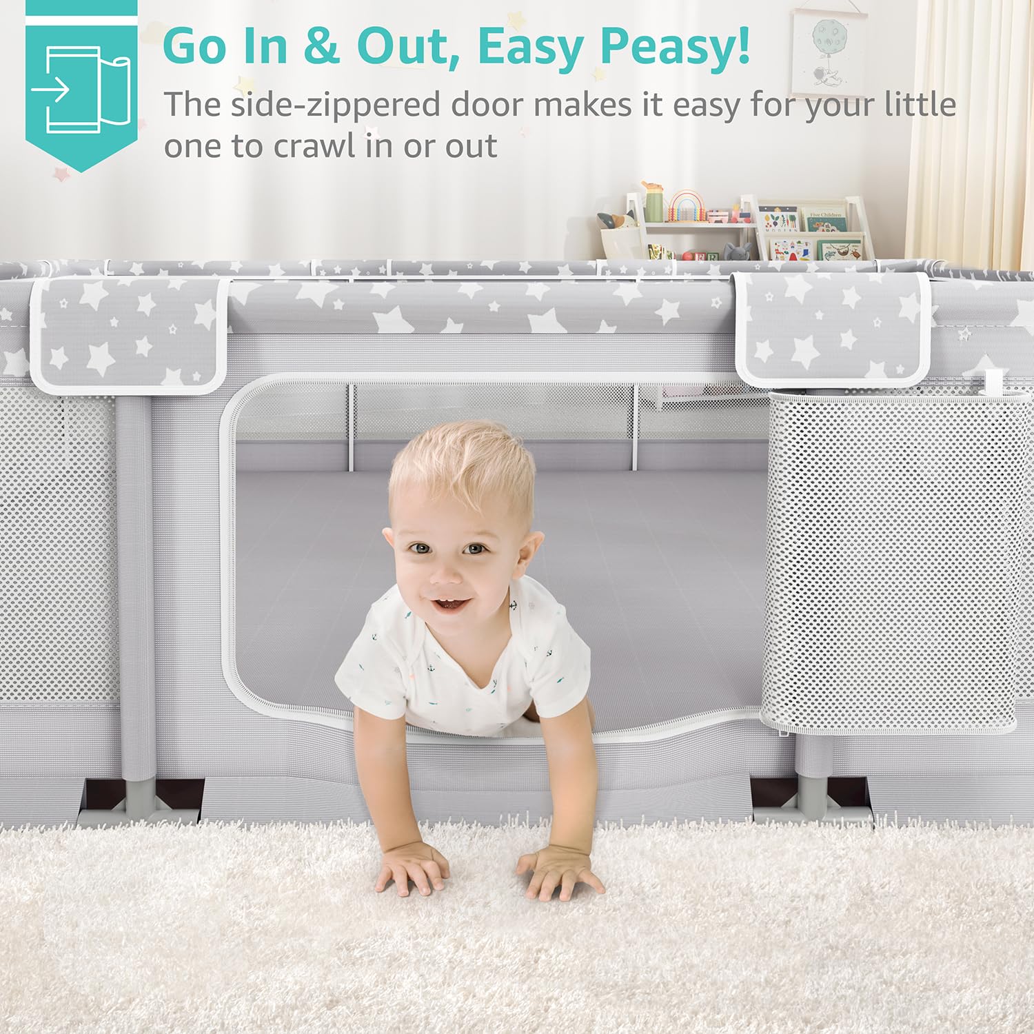 NUTIKAS playpen shows space for multiple kids and caregiver nearby