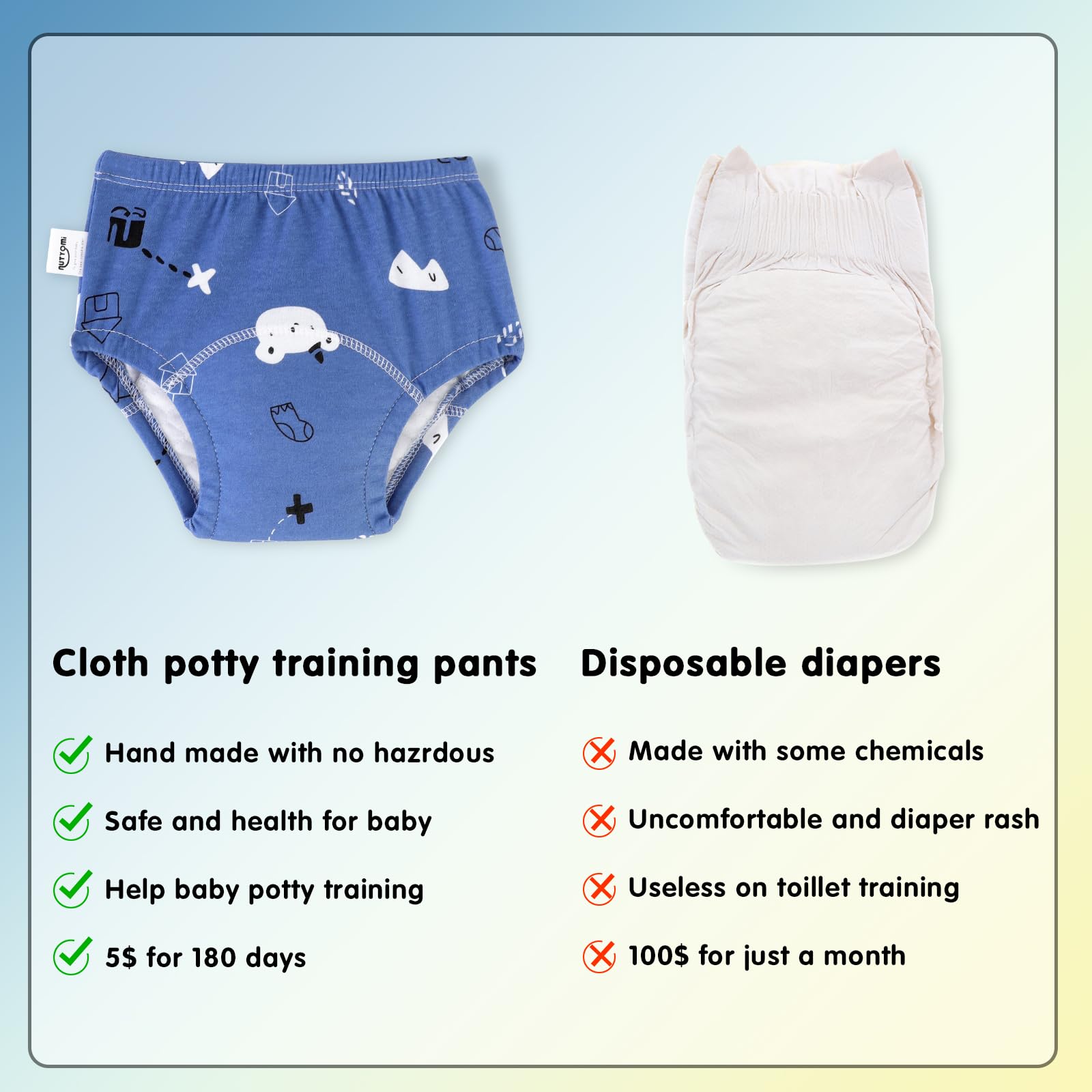 Nutyomi potty training pants provide 360° anti-leakage protection for mess-free days.