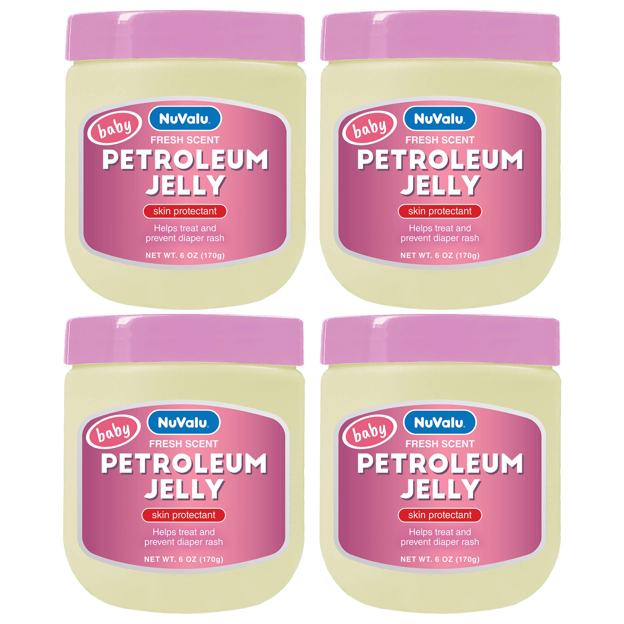 NuValu Petroleum Jelly 6oz jar pack4 on a shelf for skin protection and moisture.
