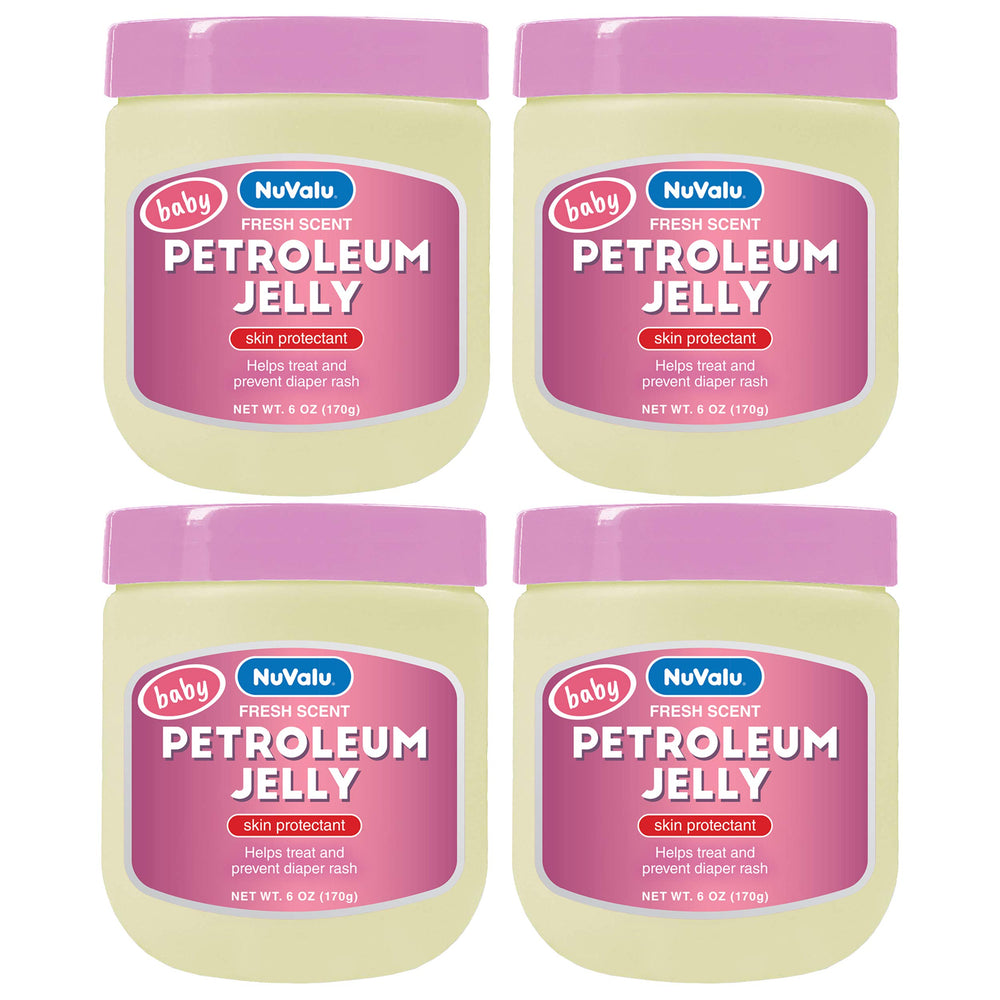 NuValu Petroleum Jelly 6oz jar pack4 on a shelf for skin protection and moisture.