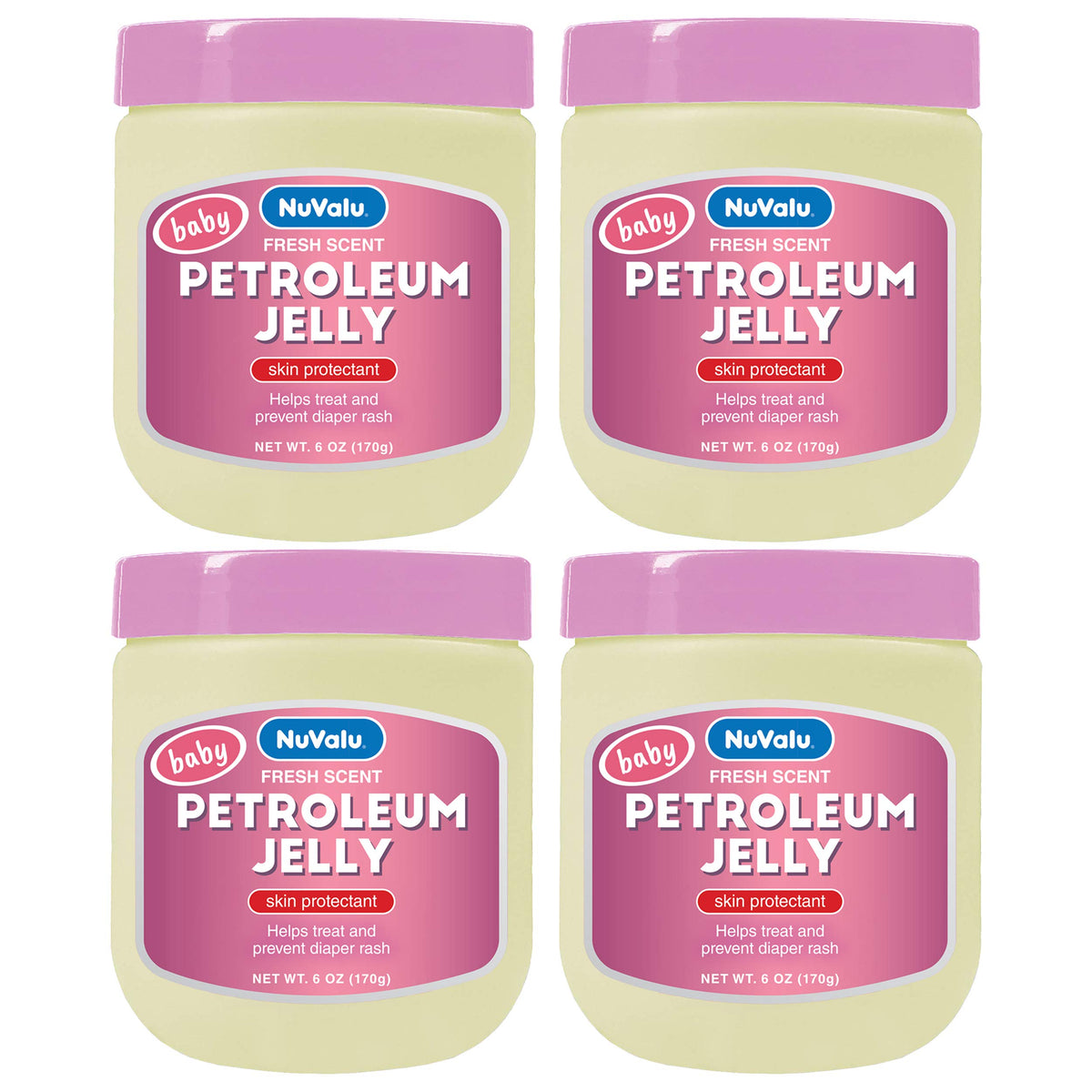 NuValu Petroleum Jelly 6oz jar pack4 on a shelf for skin protection and moisture.