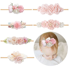 NUWAJP Baby Girl Flower Headband closeup shows soft nylon and delicate petals for gentle daily wear.