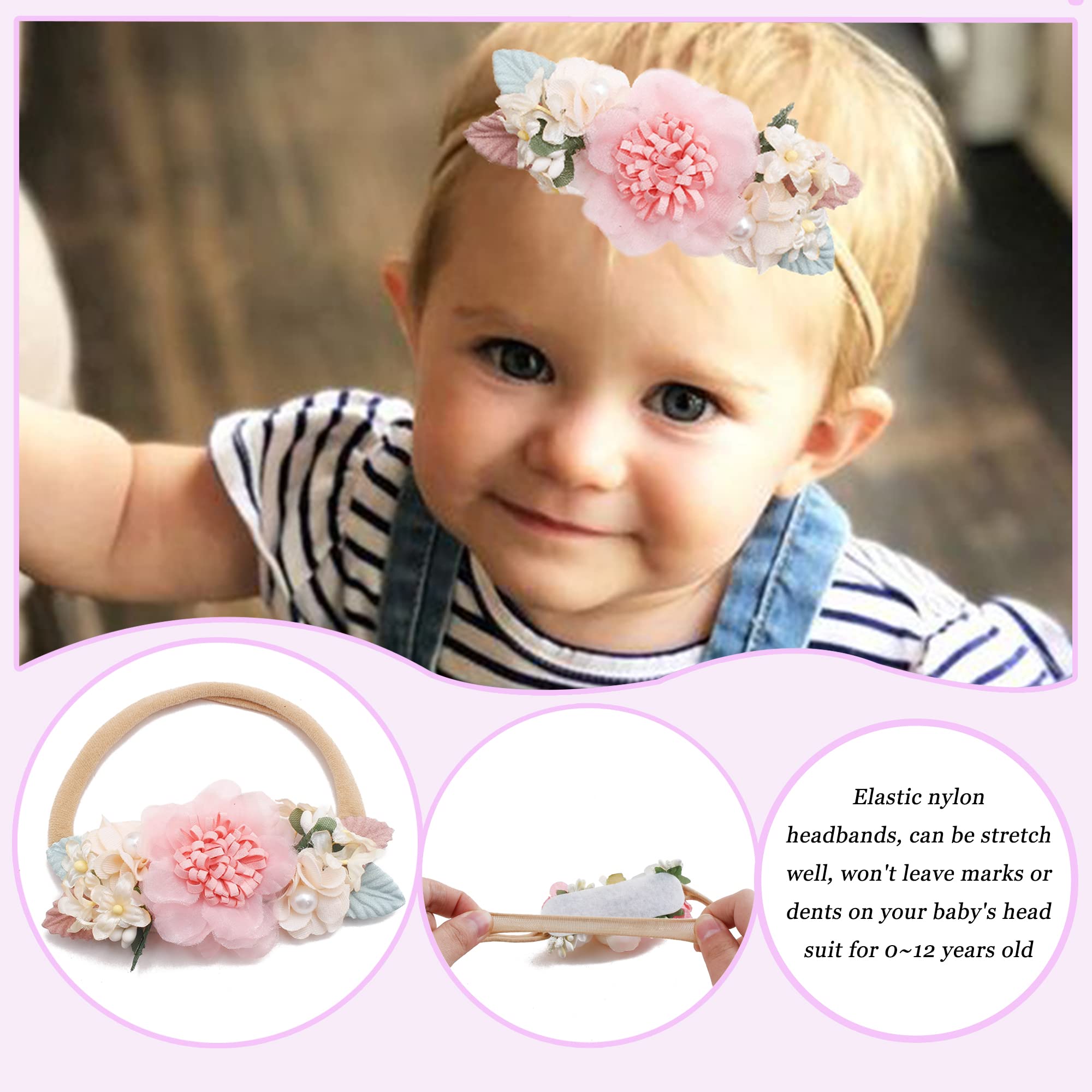 NUWAJP Flower Headband patterns showcase six colors for coordinating baby outfits.