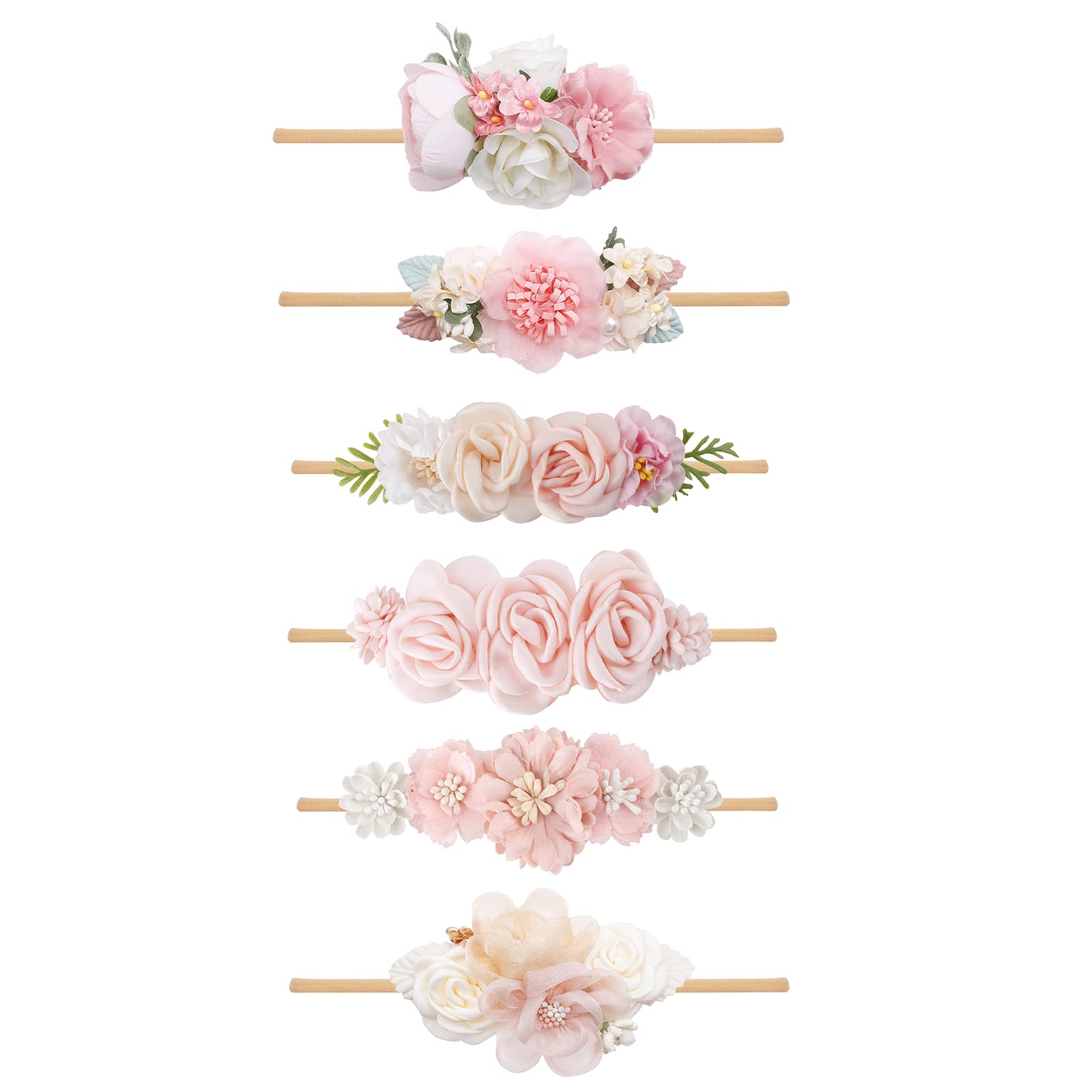 NUWAJP Flower Headband wearing-infant image demonstrates secure fit and comfortable elasticity.