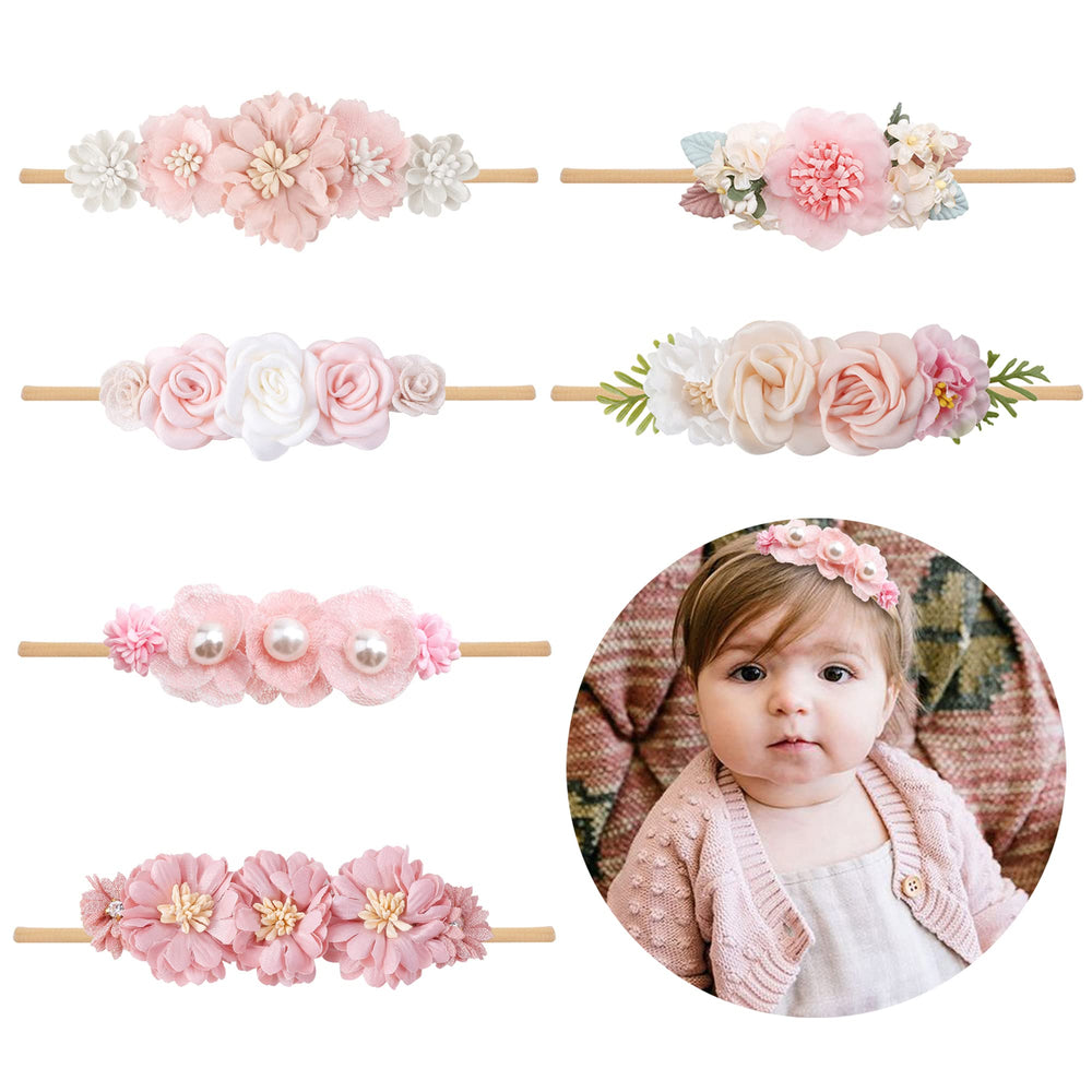 NUWAJP baby girl flower headbands 6-pack elastic fit for newborns to toddlers, comfortable all day