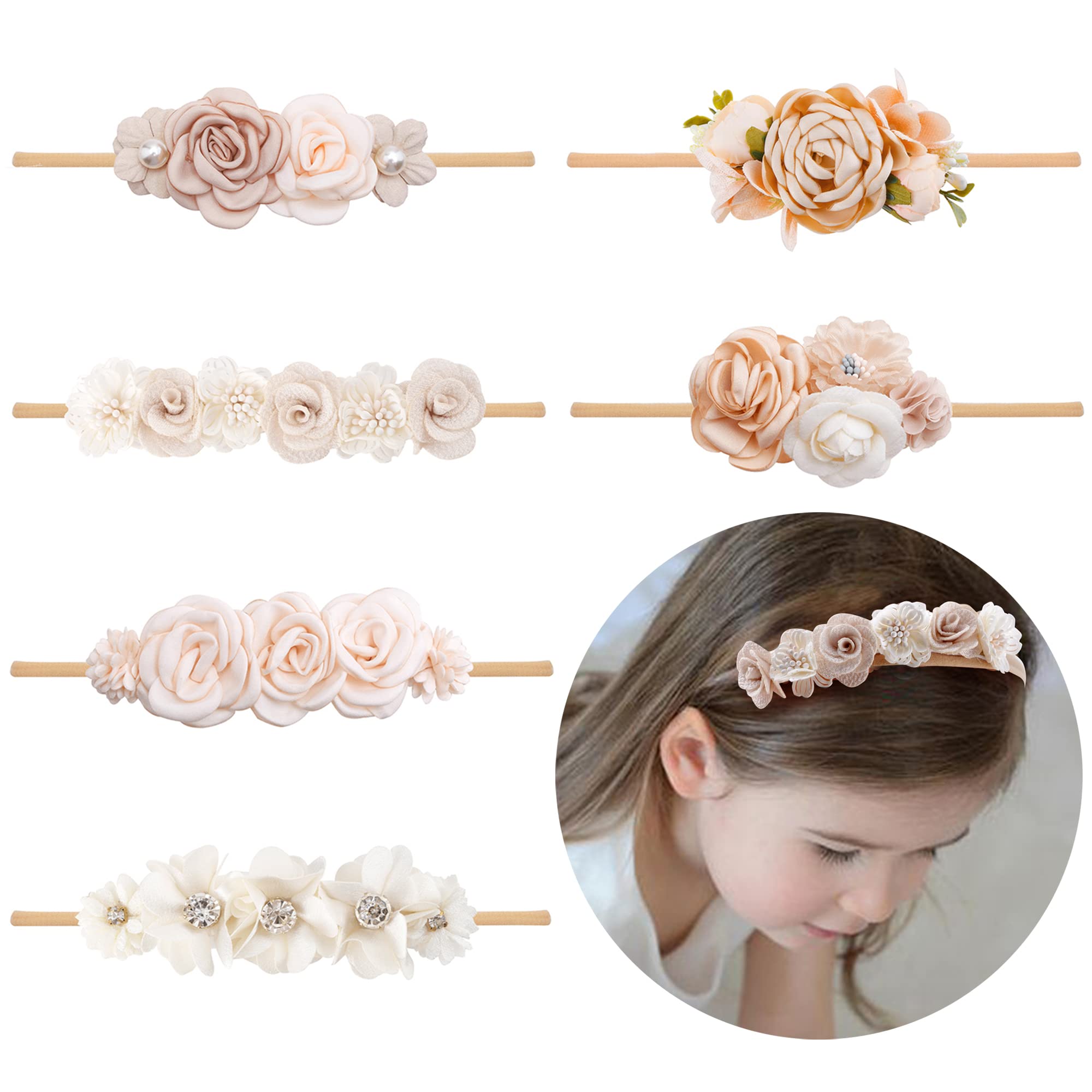 NUWAJP flower headband pack in soft nylon for gentle newborn styling.
