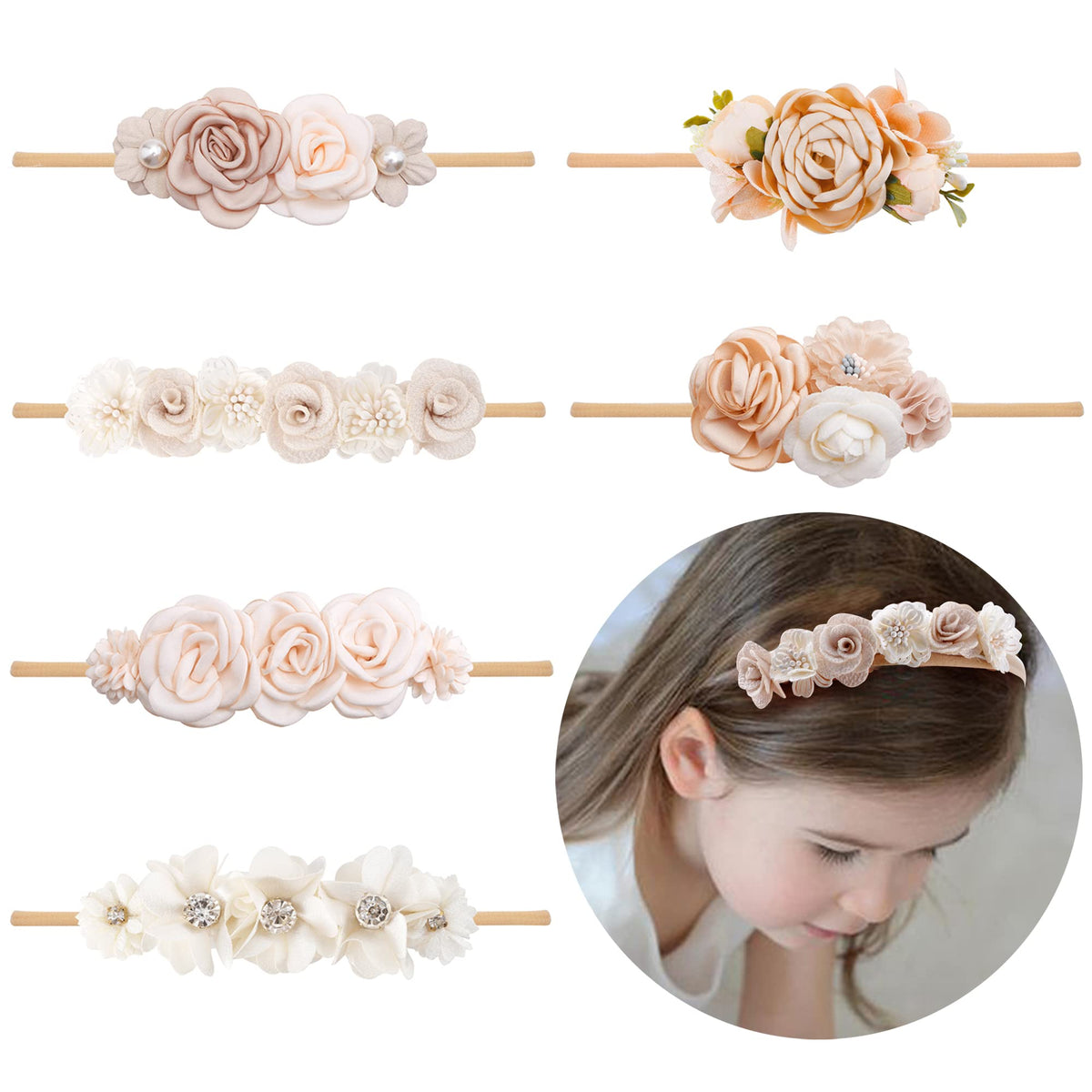 NUWAJP flower headband pack in soft nylon for gentle newborn styling.