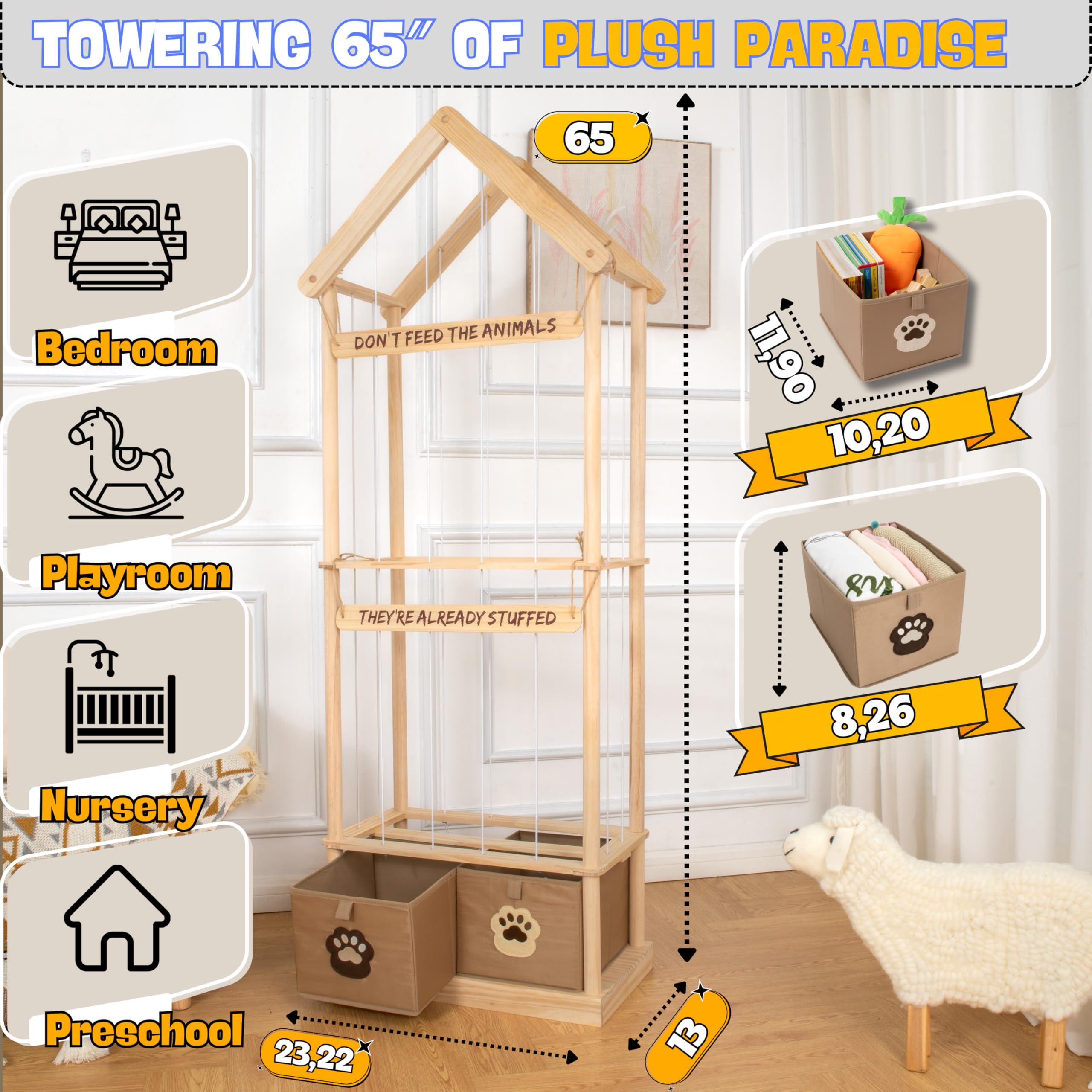 NUZZI plush toy organizer zoo creates a playful display while reducing clutter.