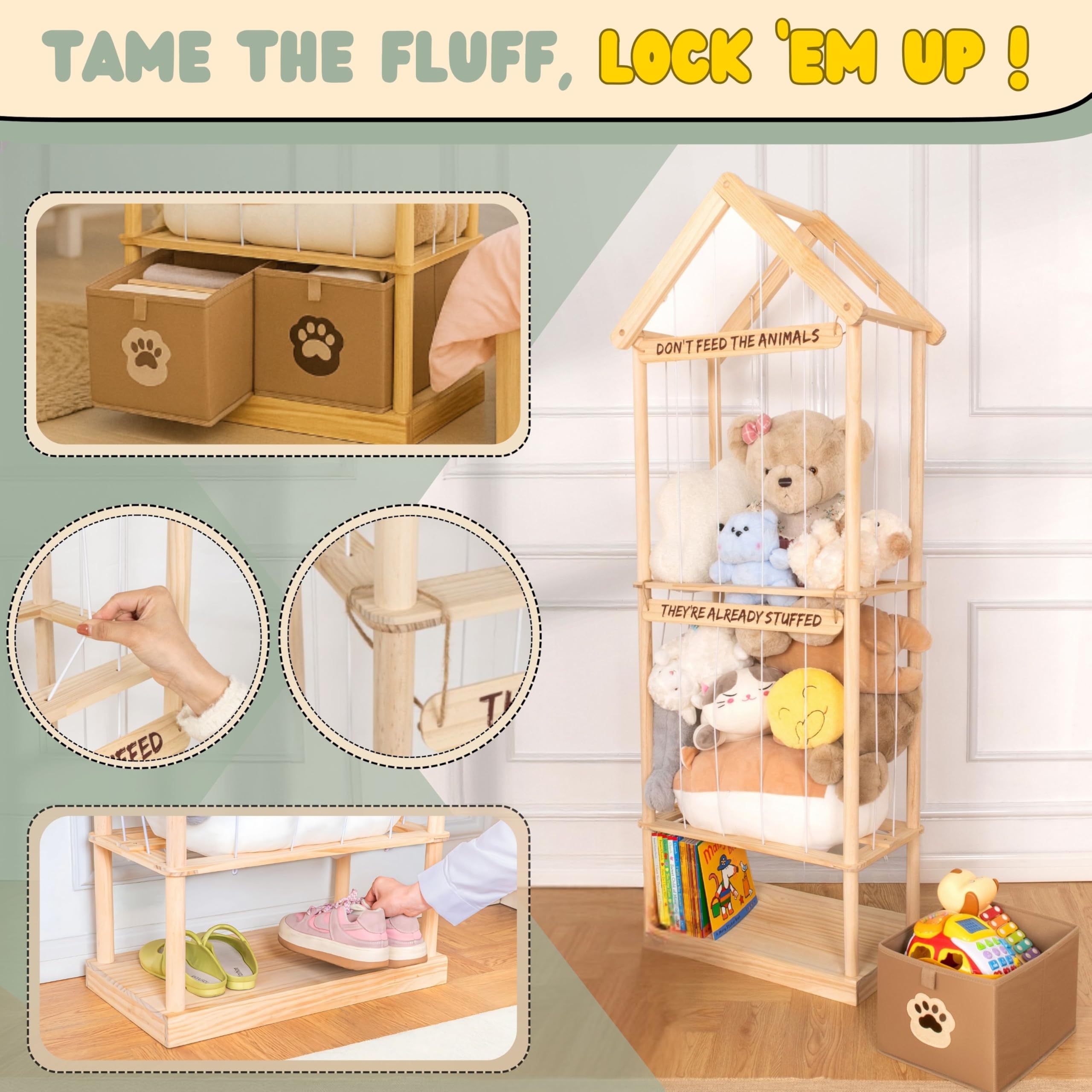 NUZZI vertical stuffed animal storage tower saves floor space in small rooms.