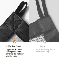 NWK Magic Dog Gate adhesive hooks on smooth wall enable tool-free setup.