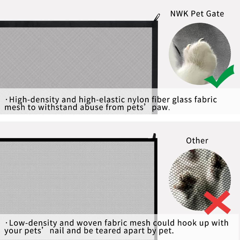 NWK Magic Dog Gate installation guide shows quick, no-drill setup and included spare hooks.