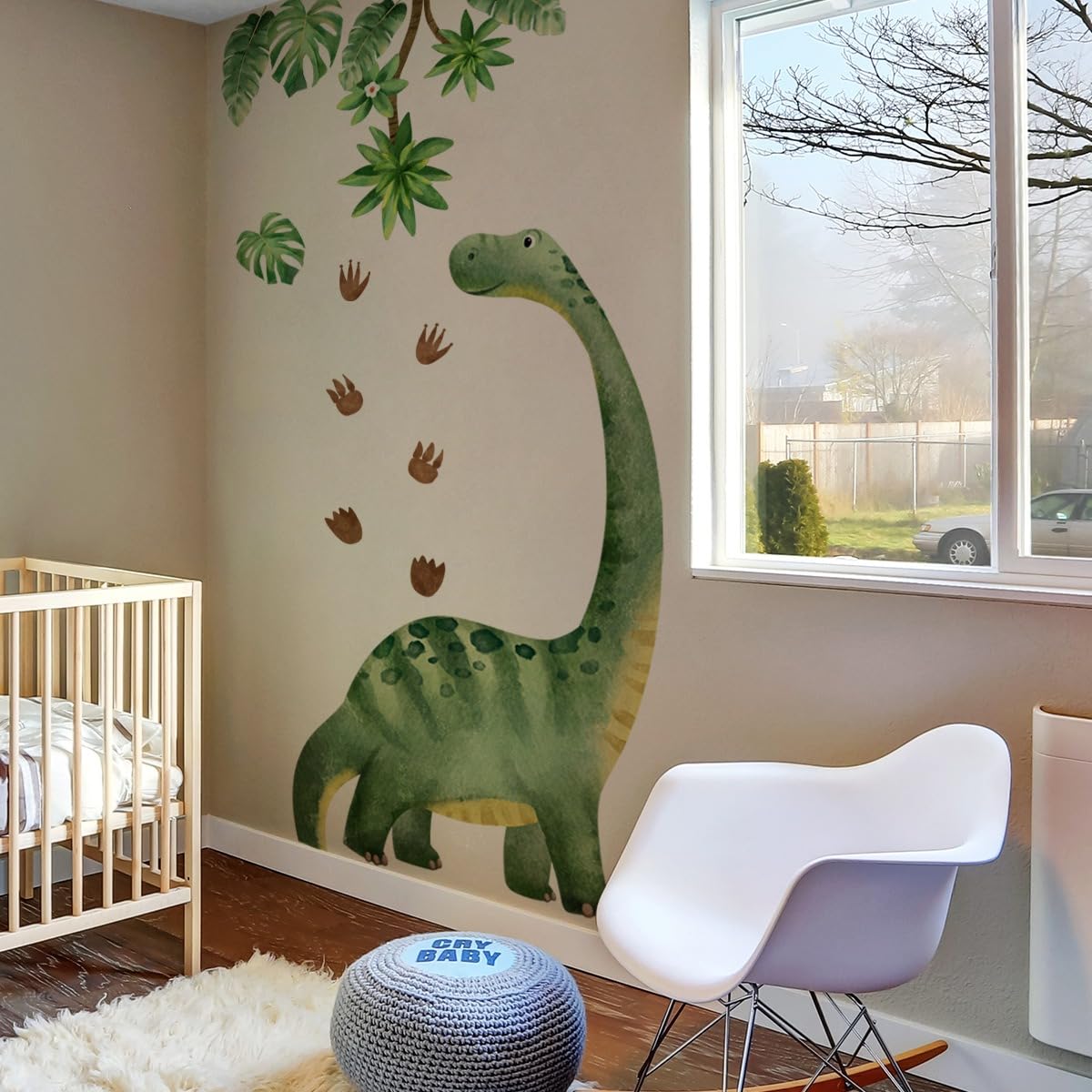 NXUEBDU dinosaur wall decal palm-leaves brings tropical ambiance and imagination.