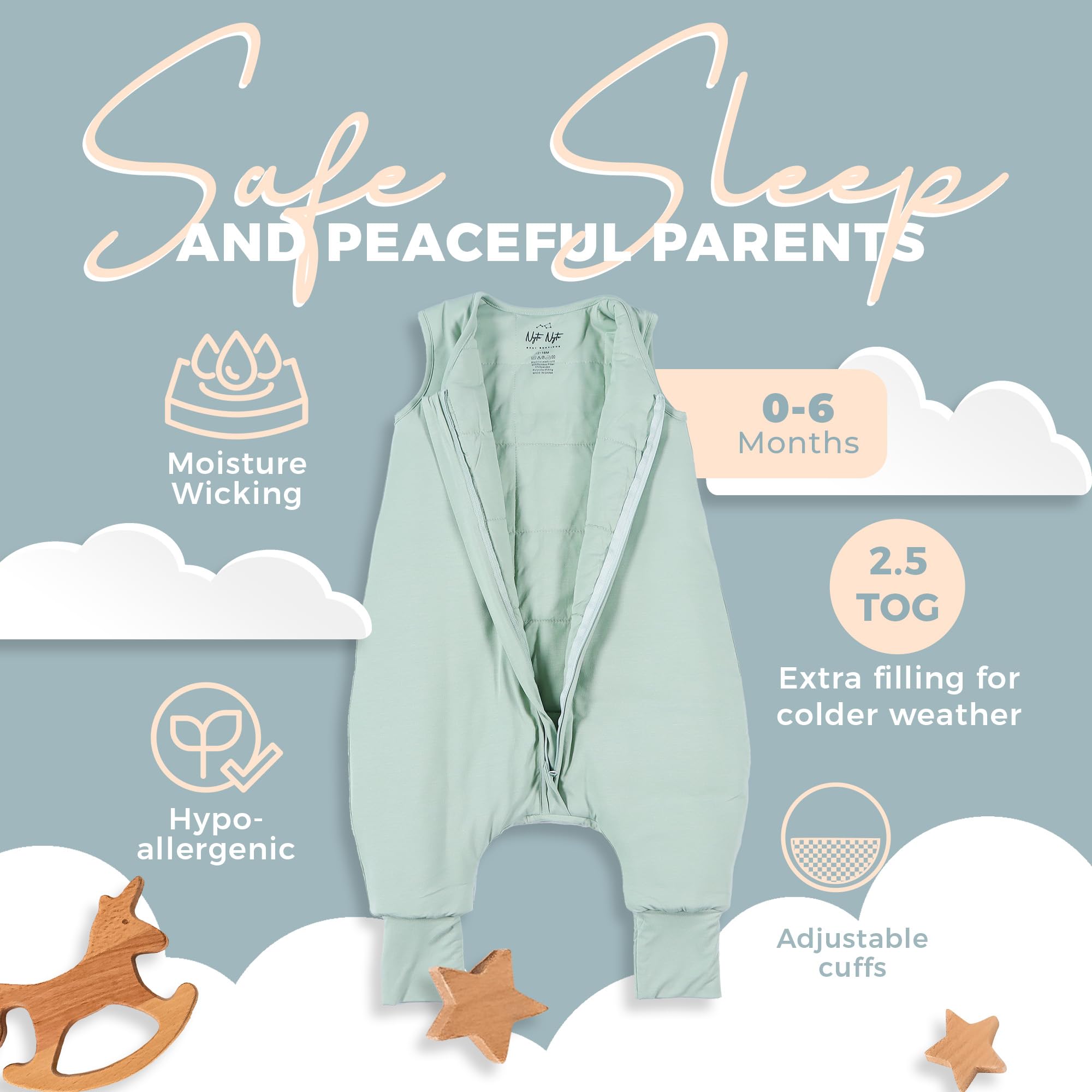 Nyte Nyte Baby 2.5 TOG mint sleep sack sleeveless design allows arm movement.