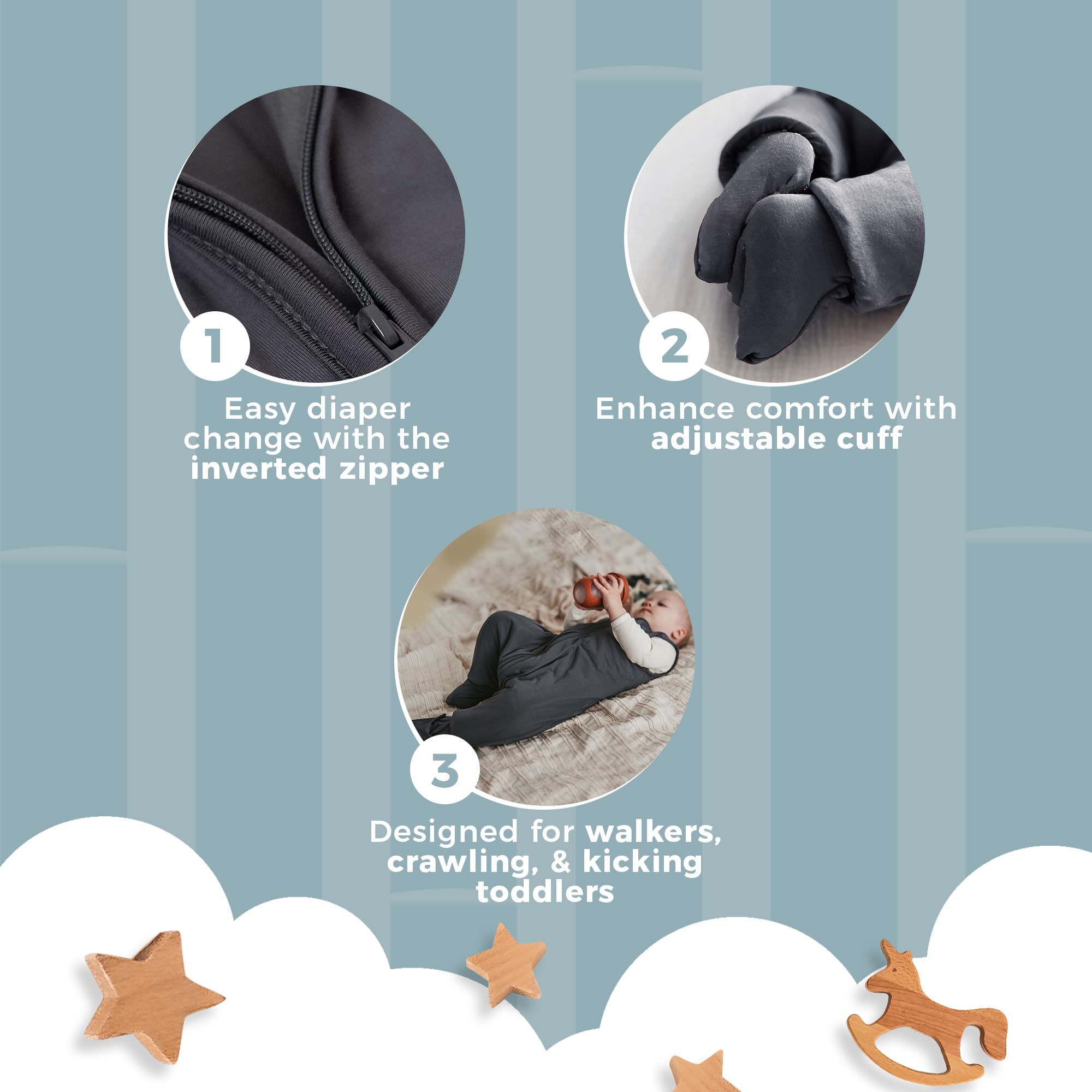 Nyte Nyte Baby sleep sack gray adjustable feet cuffs for custom warmth.