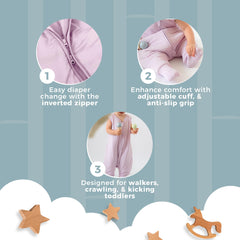 Nyte Nyte Baby Orchid sleep sack flat lay highlights 6-12 months sizing.