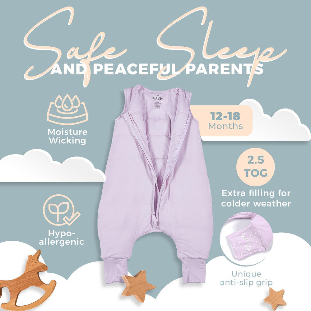 Nyte Nyte Baby Orchid sleep sack shows adjustable feet cuffs for growing babies.