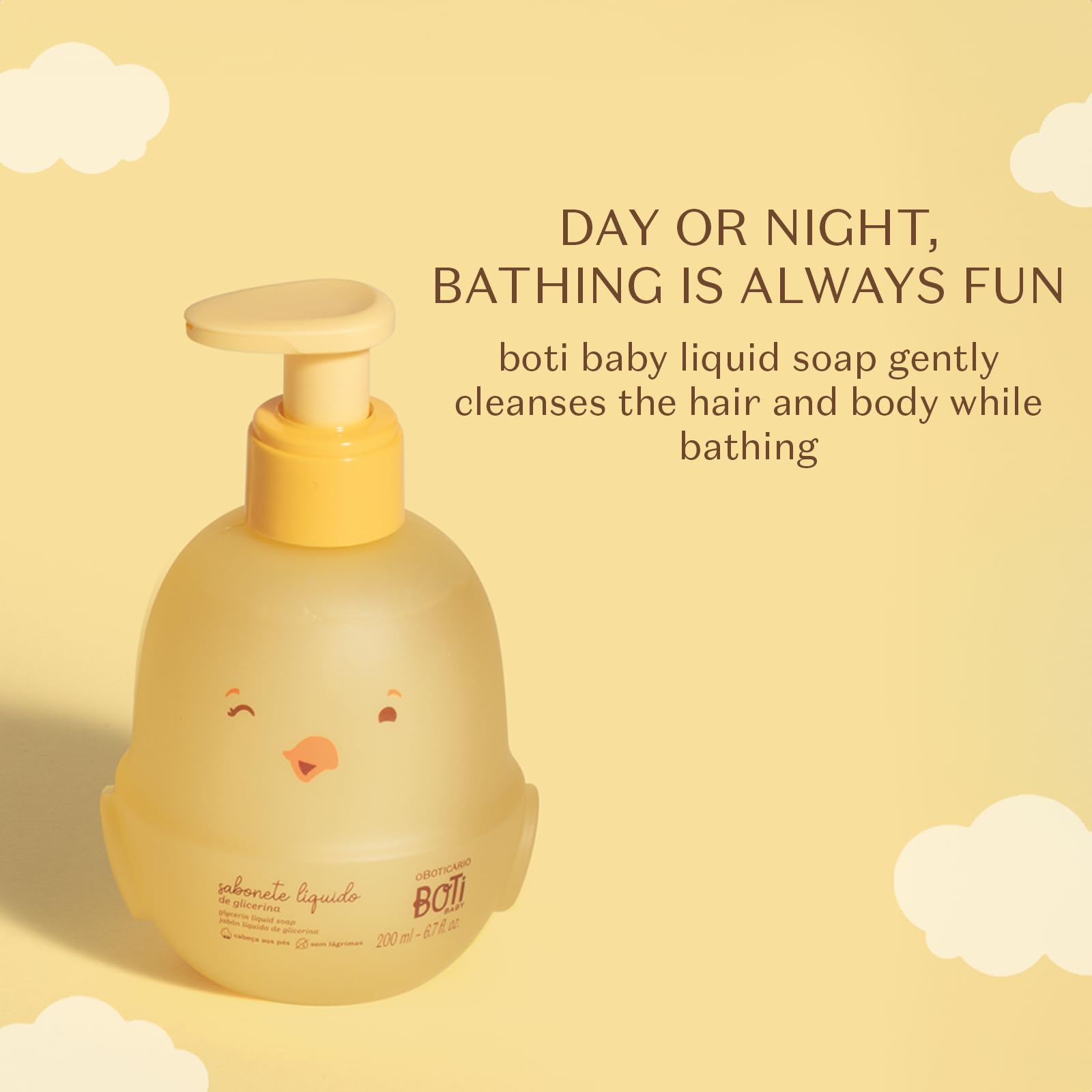 O Boticário Boti Baby liquid soap bath time foam illustrates hair and body cleanse