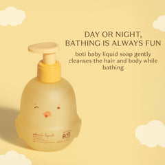O Boticário Boti Baby liquid soap bath time foam illustrates hair and body cleanse