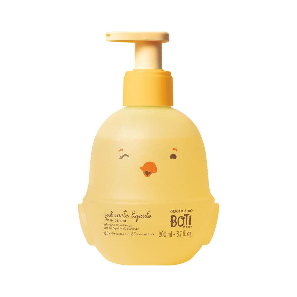 O Boticário Boti Baby liquid soap bottle shows gentle cleansing for delicate skin