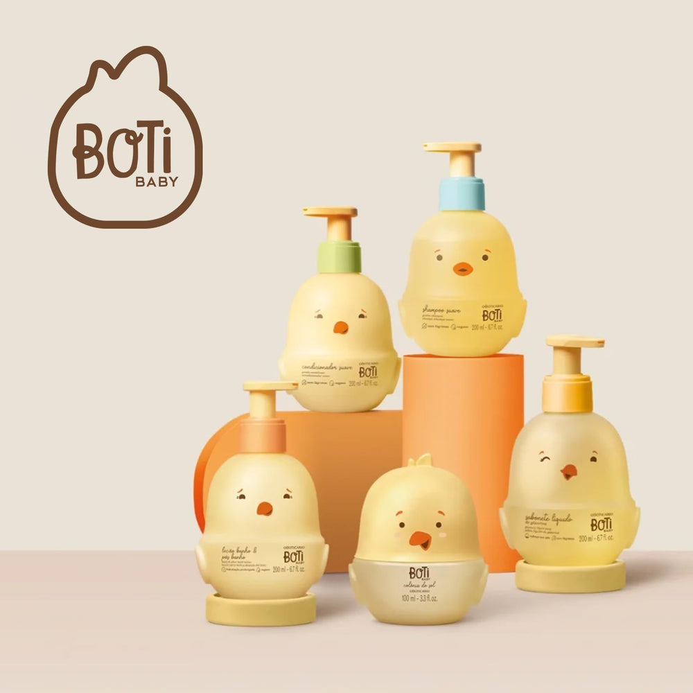 O Boticario Boti Baby Shampoo ingredients cotton fennel showcased for skin-friendly care.