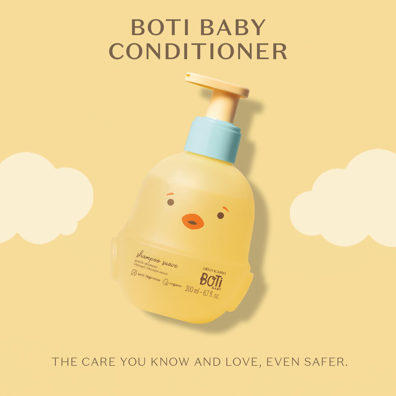 O Boticario Boti Baby Shampoo pour closeup highlights creamy lather for sensitive eyes.