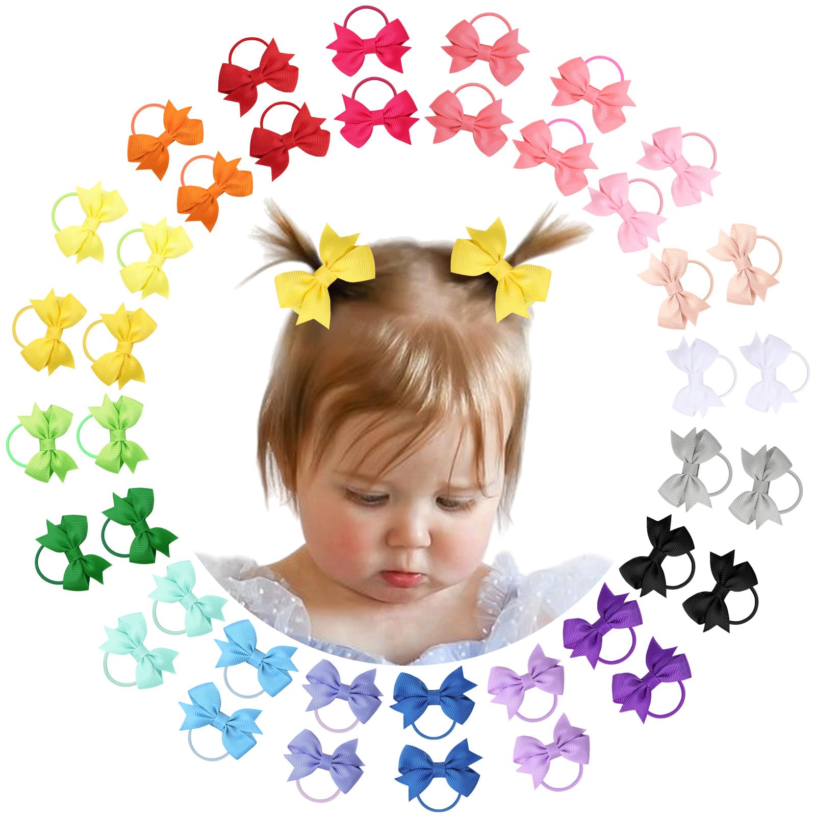 OAOLEER hair ties bows 2inch packaging shows a vibrant color assortment for versatile styling.