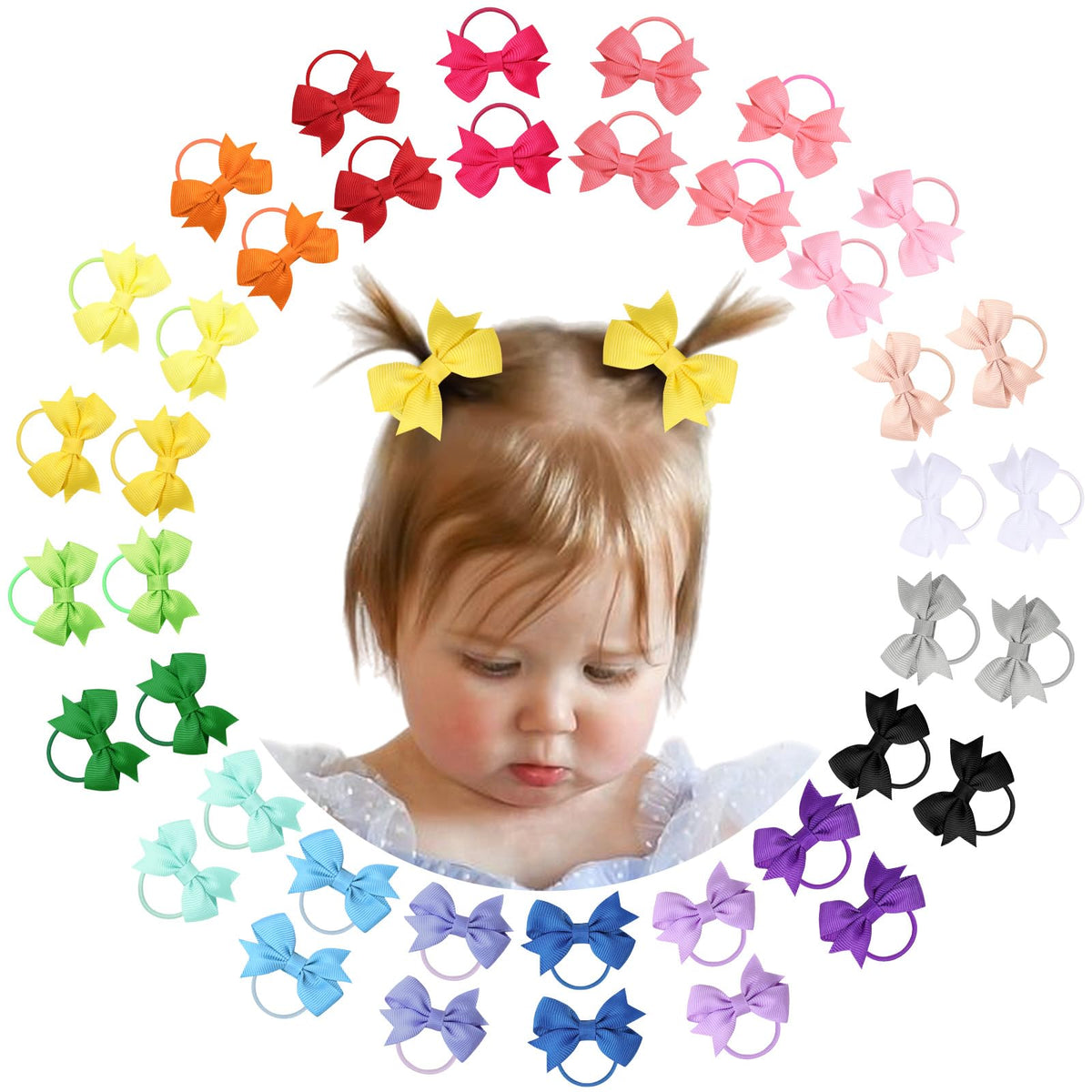 OAOLEER hair ties bows 2inch packaging shows a vibrant color assortment for versatile styling.