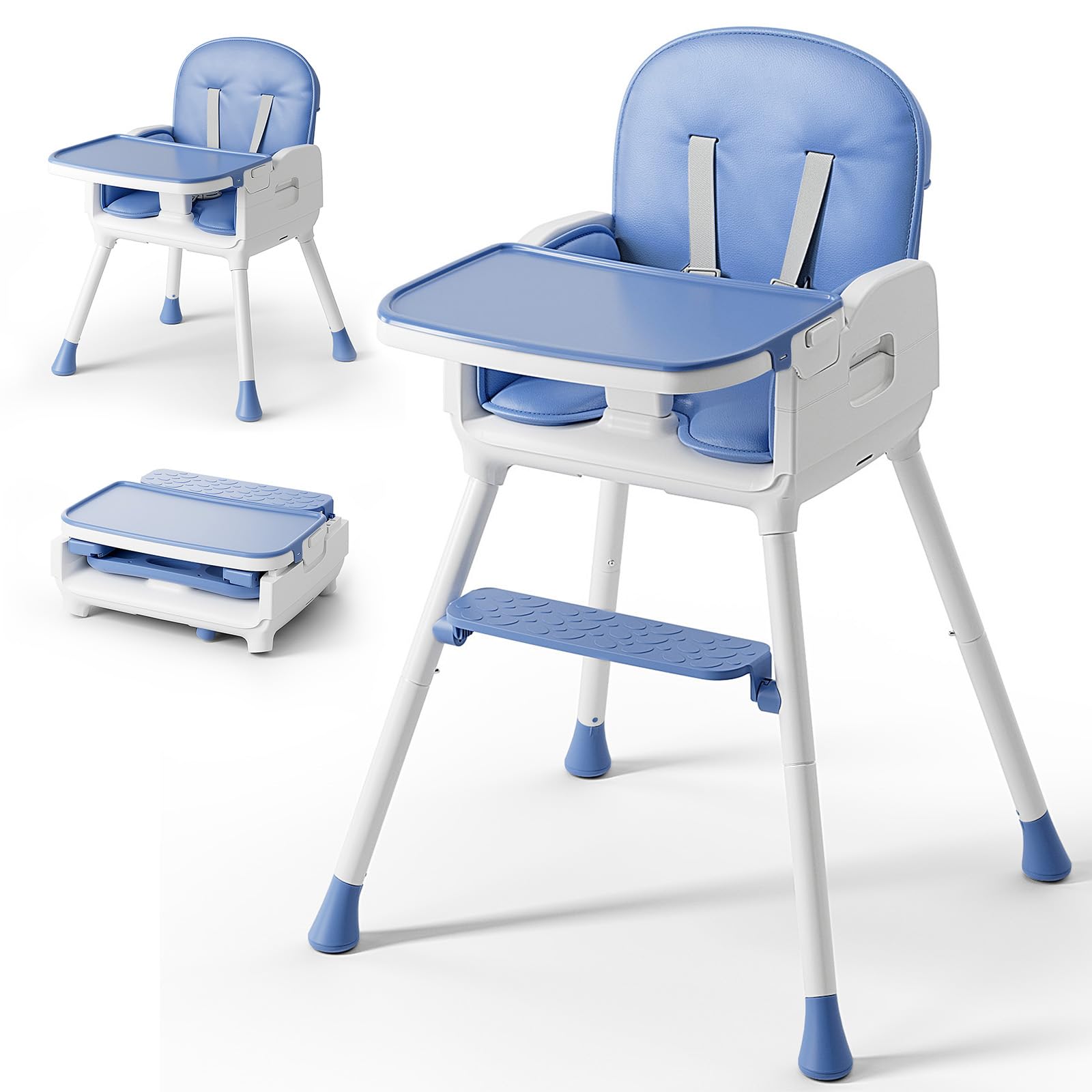 Obee Odee blue high chair seat close-up highlighting comfortable PU cushion for gentle seating.