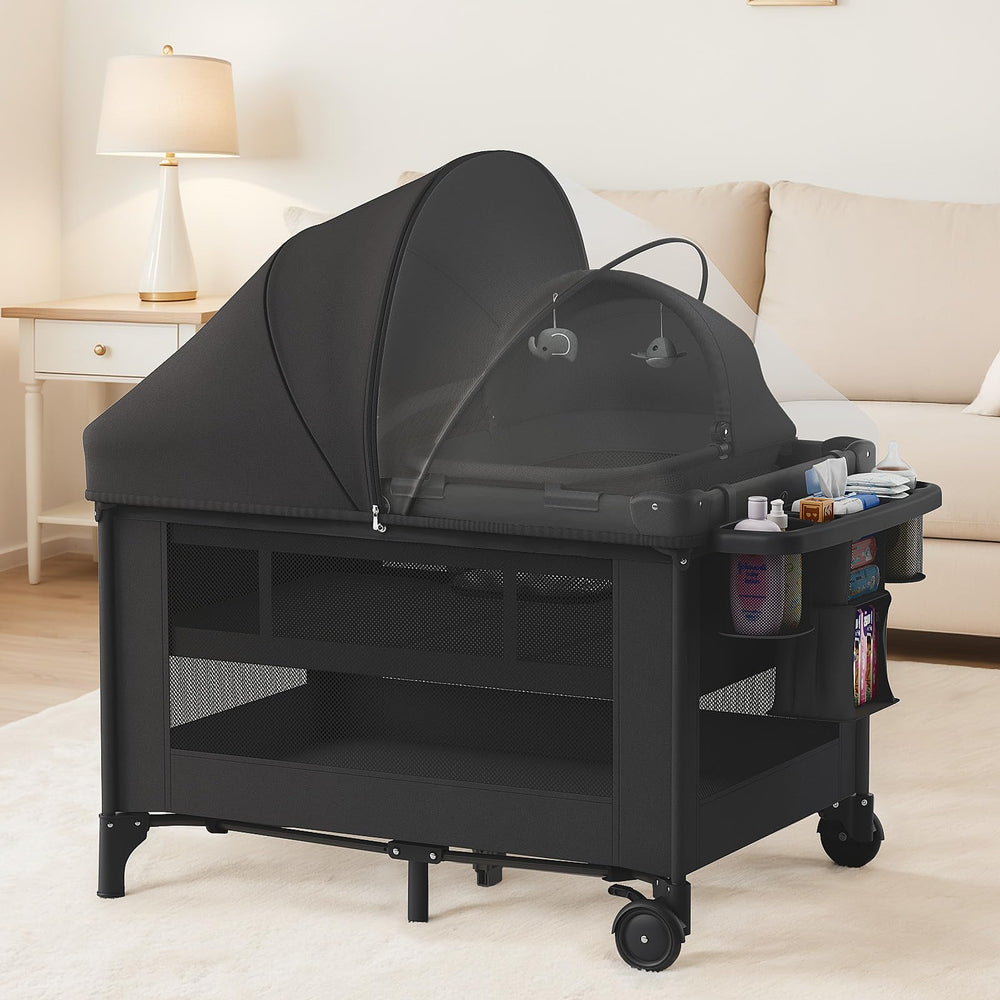 Obee Odee 4-in-1 baby bassinet-playard setup highlights versatile all-in-one solution for newborn to toddler.