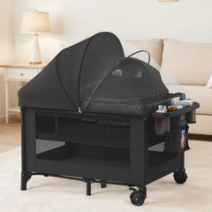 Obee Odee 4-in-1 baby bassinet-playard setup highlights versatile all-in-one solution for newborn to toddler.