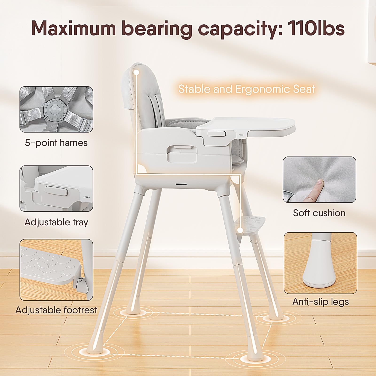Obee Odee 5-point harness adjustable keeps your child secure during meals.