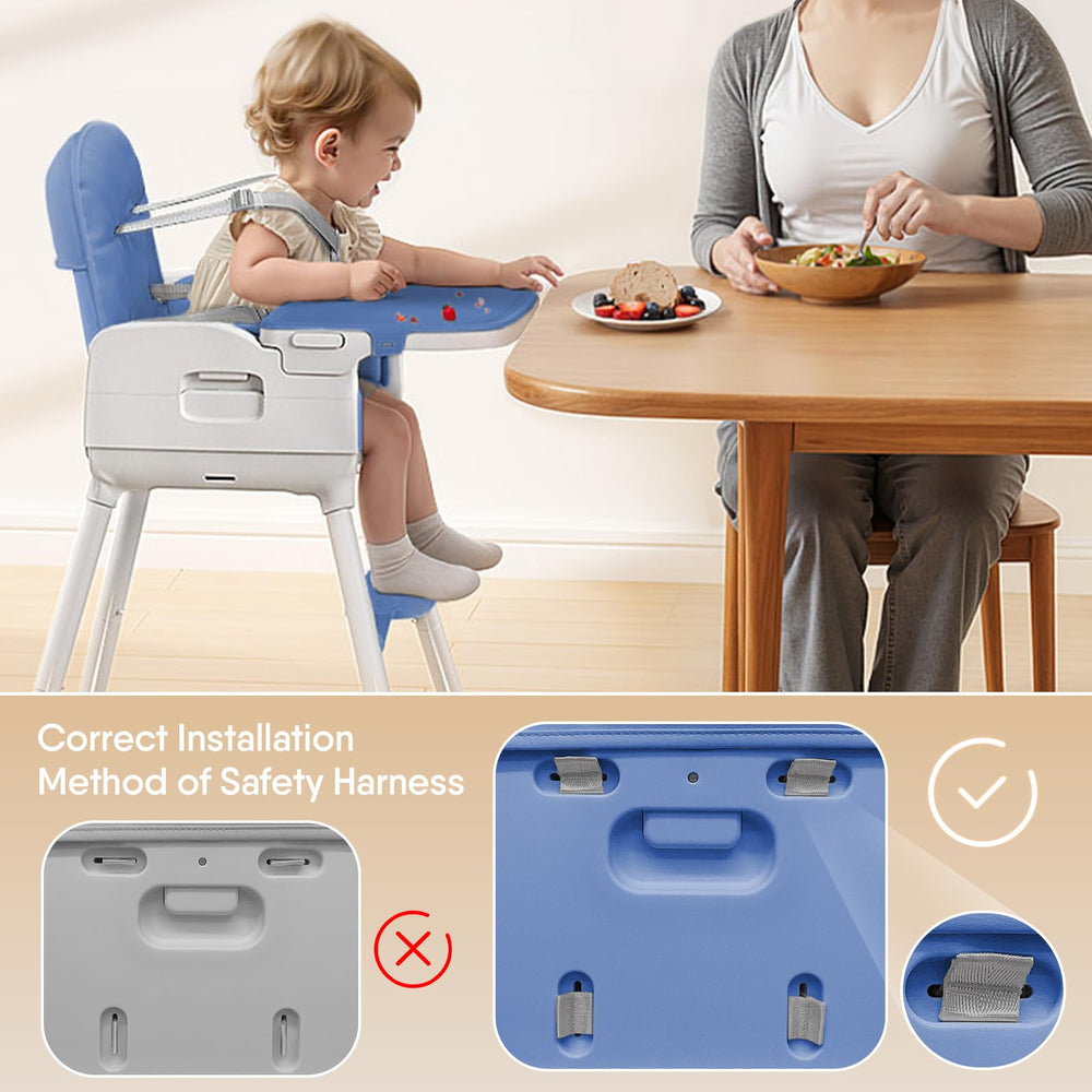 Obee Odee blue high chair 5-point harness secures growing child safely.