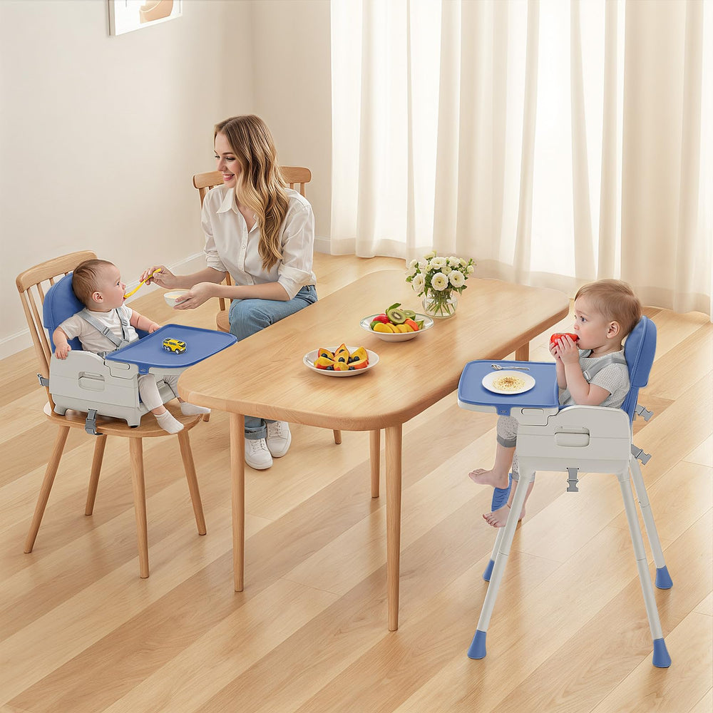 Obee Odee blue high chair adjustable legs provide stability for growing toddlers.