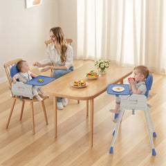 Obee Odee blue high chair adjustable legs provide stability for growing toddlers.