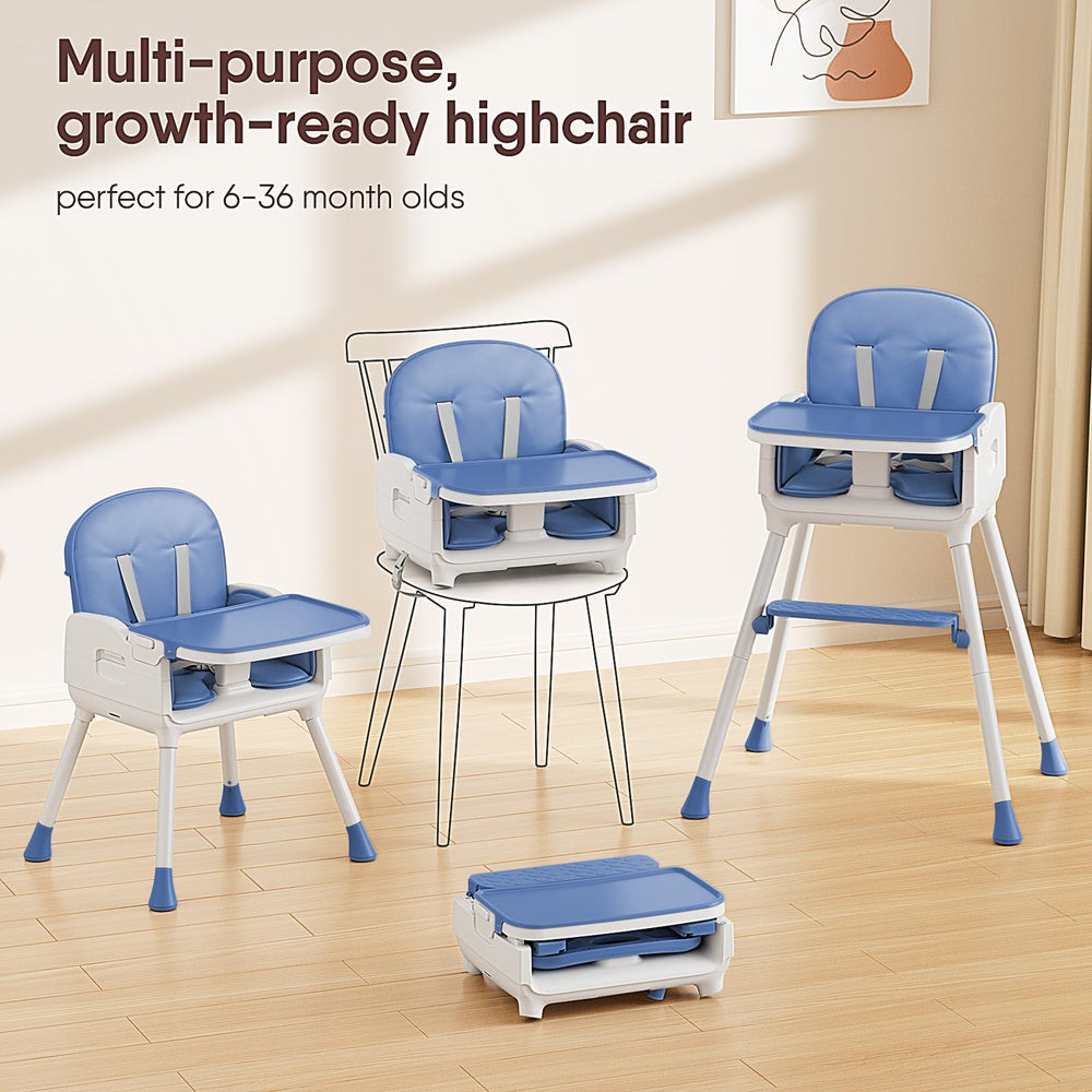 Obee Odee blue high chair dishwasher-safe tray for quick cleanup after meals.