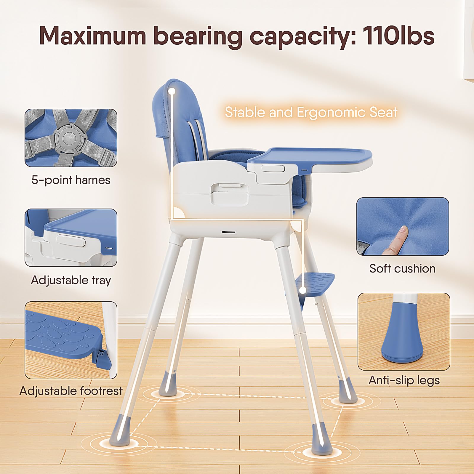Obee Odee blue high chair folded profile highlighting portable travel-ready design.