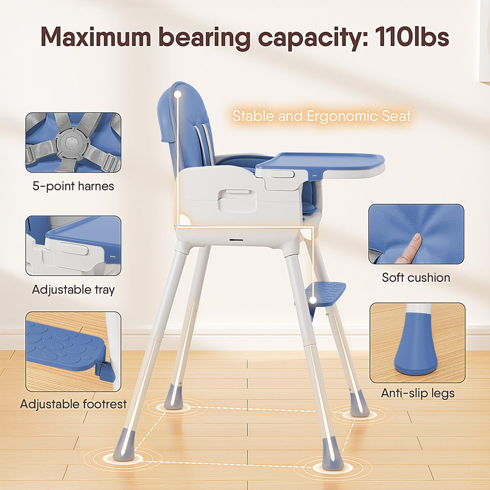 Obee Odee blue high chair folded profile highlighting portable travel-ready design.