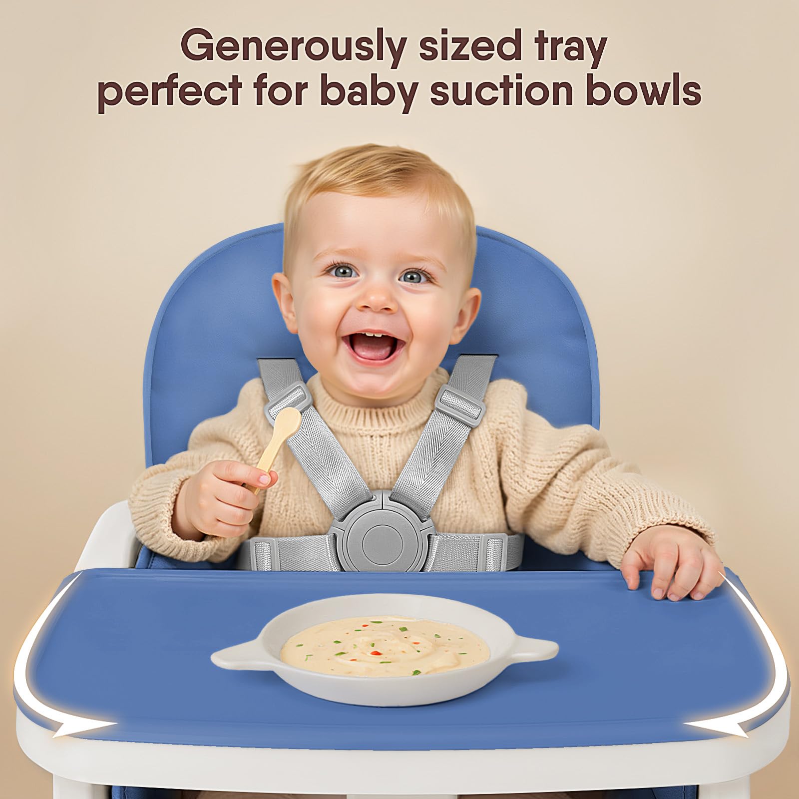 Obee Odee blue high chair removable safety belt shown for machine-washable cleaning.