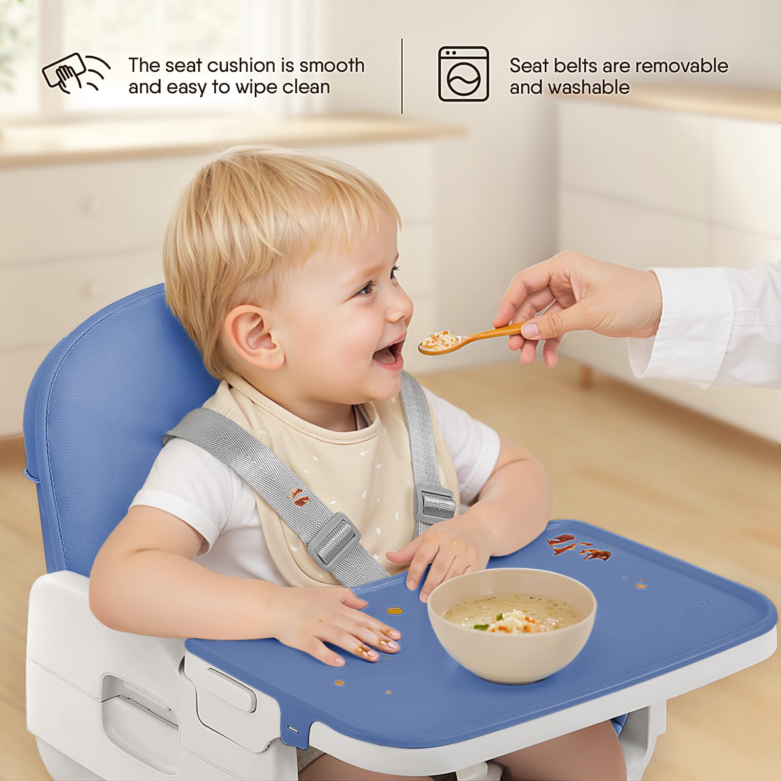 Obee Odee blue high chair tool-free assembly demonstrates quick setup.