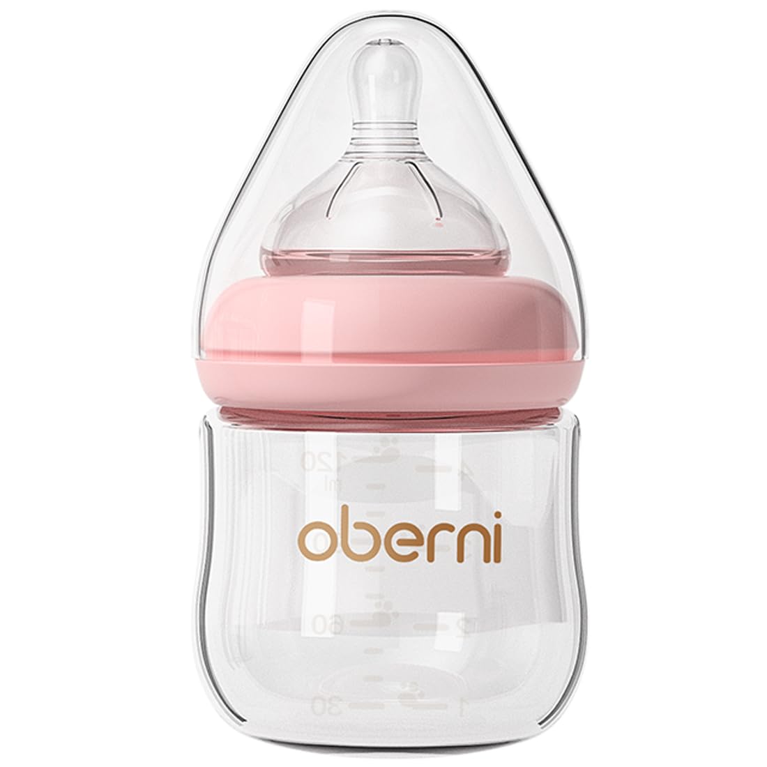 Oberni glass baby bottle with anti-colic nipple for calmer feeds.
