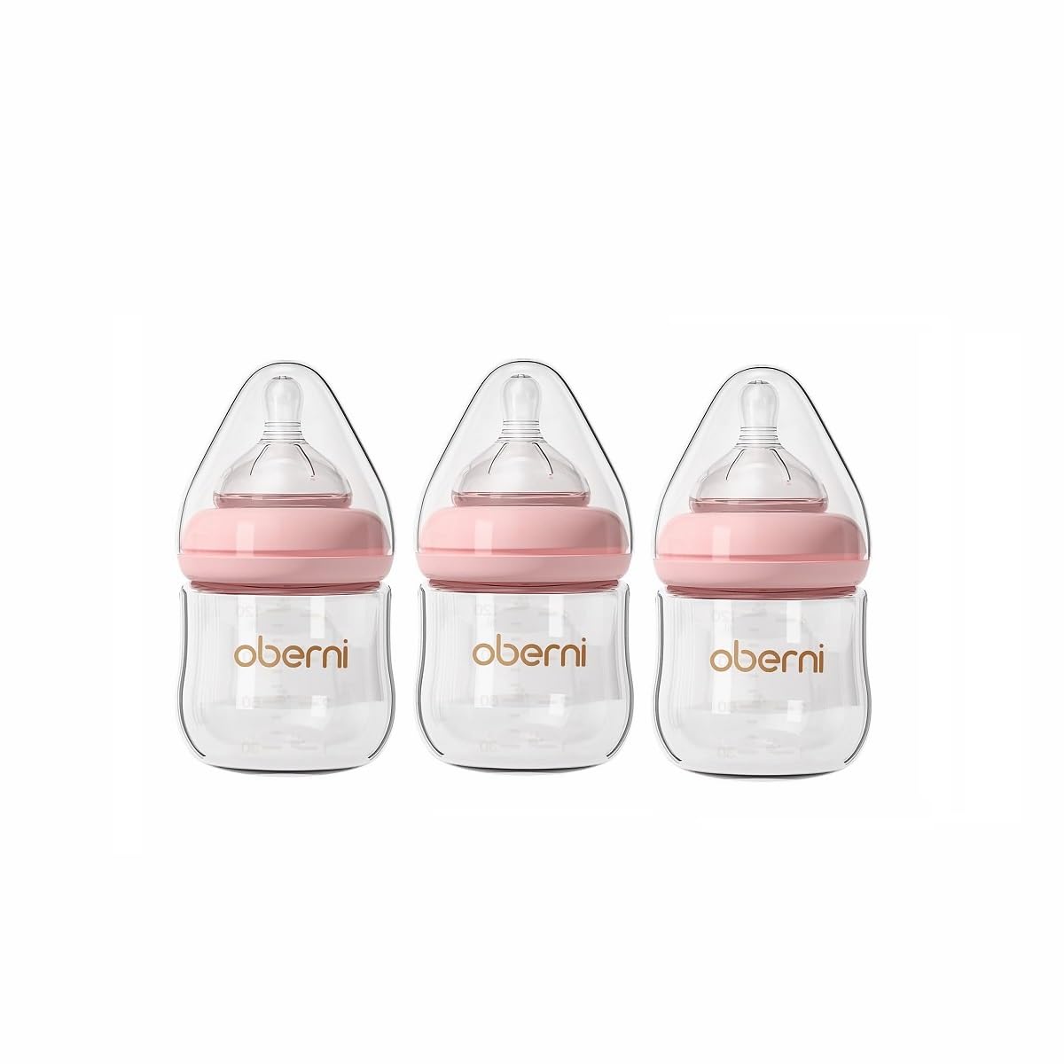Oberni glass baby bottle close-up shows anti-colic system for smoother feeds.