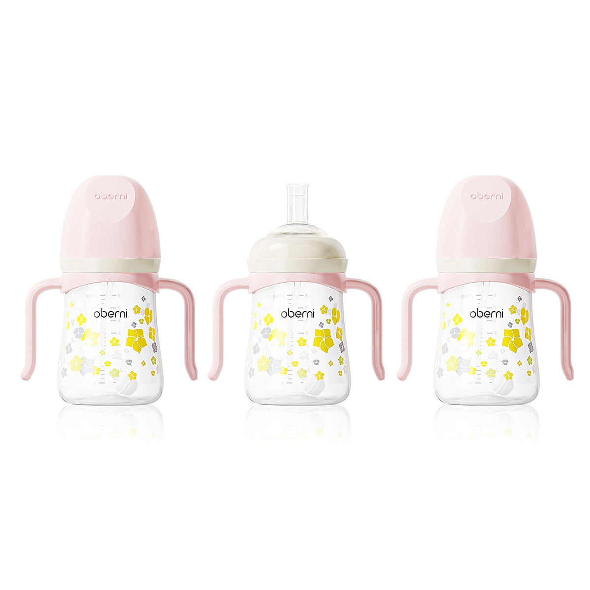 Oberni Toddler Sippy Cup pink front view; three-pack ready for mess-free learning.