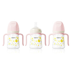 Oberni Toddler Sippy Cup pink front view; three-pack ready for mess-free learning.