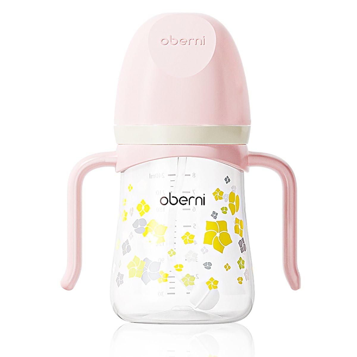 Oberni Toddler Sippy Cup pink front view highlights a safe learning bottle for mess-free practice.