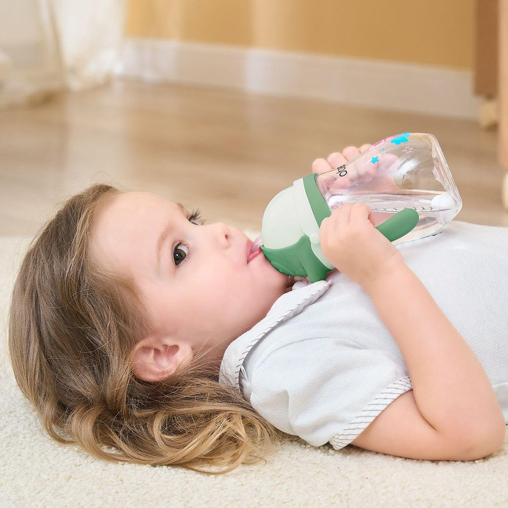 Oberni Tritan Sippy Cup 270ml green weighted straw in action for any position