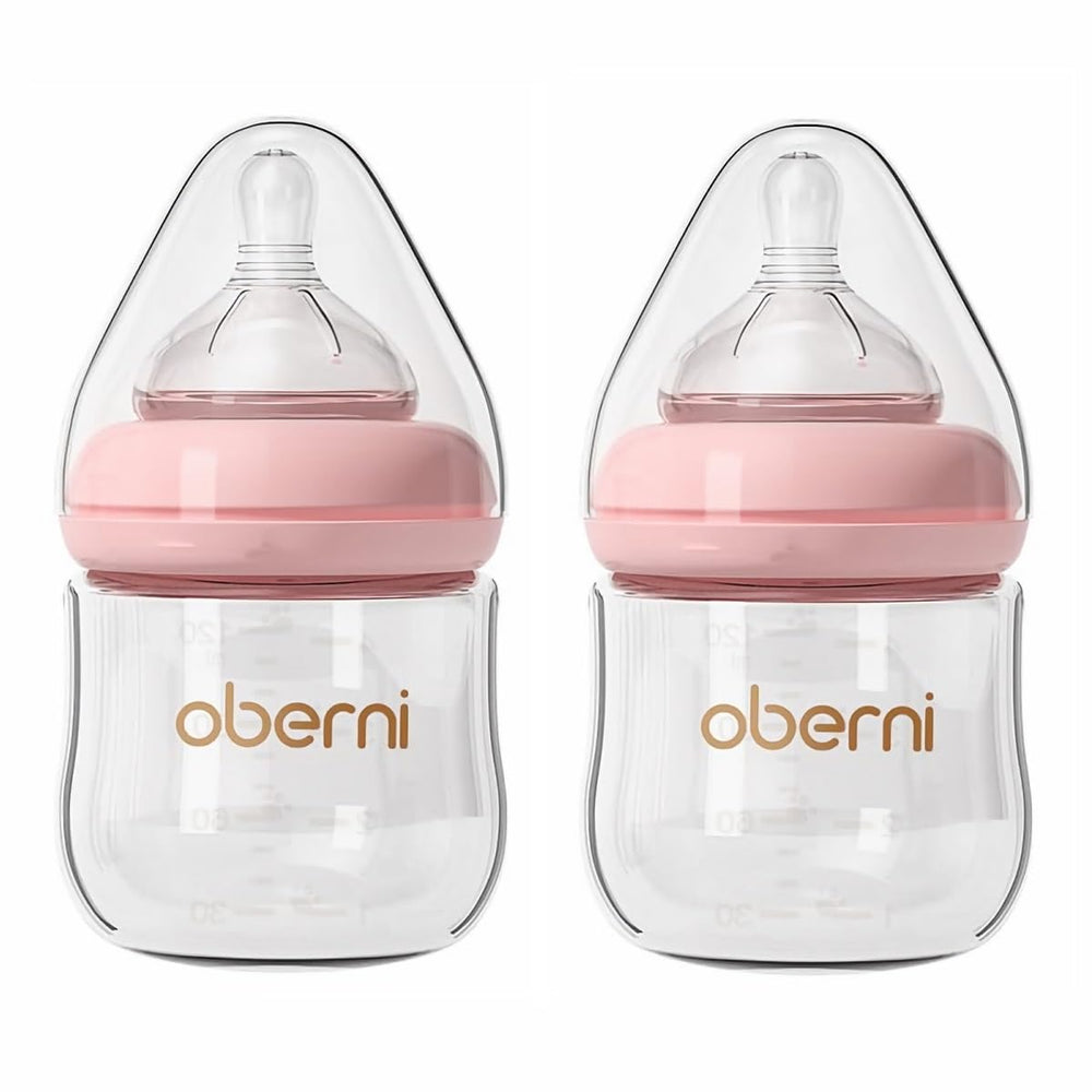 Oberni wide-neck glass baby bottle with anti-colic design for smoother feeds.