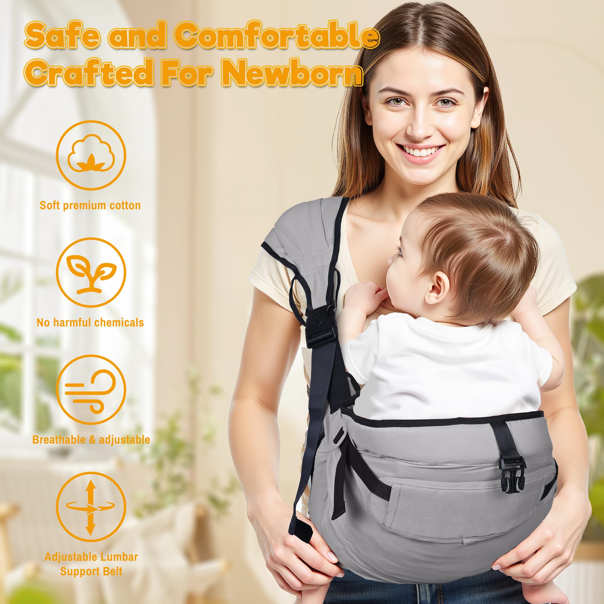Oblitor baby sitting securely in carrier during play and daily tasks