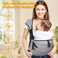 Oblitor baby sitting securely in carrier during play and daily tasks